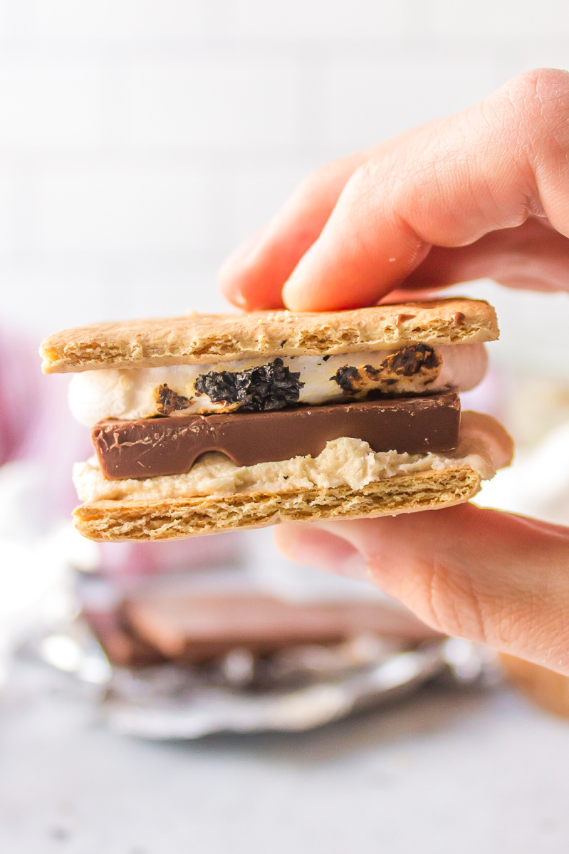 hand holding cookie dough s'more