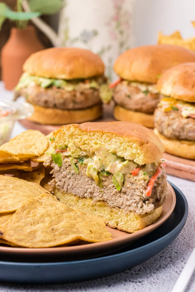 turkey burger cut in half on plate