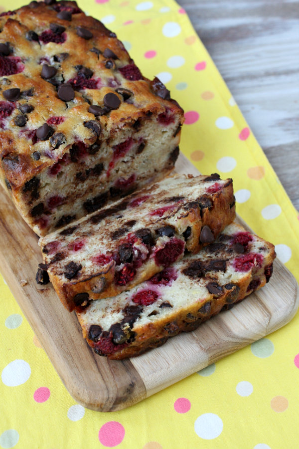 Sliced Raspberry Dark Chocolate Banana Bread 