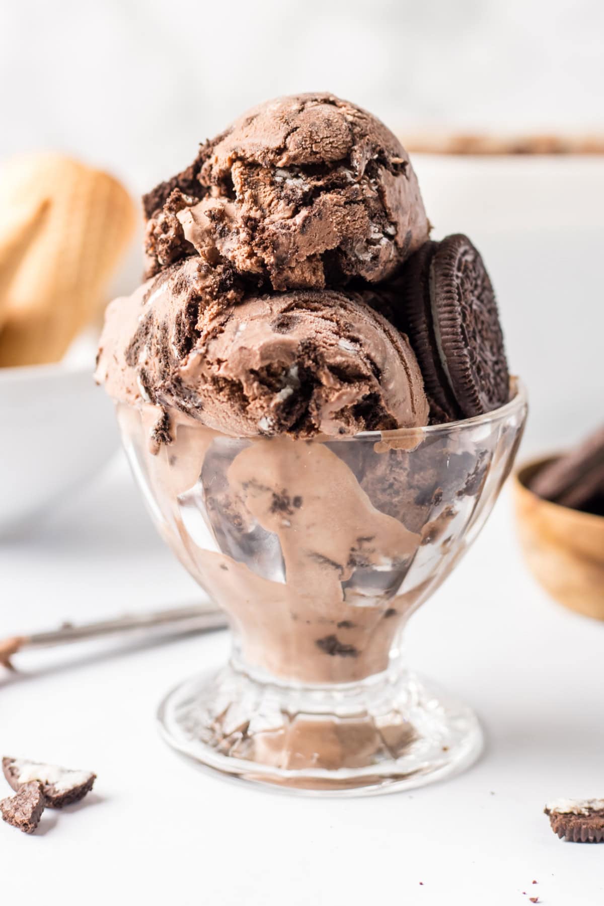 dish of chocolate cookies and cream ice cream