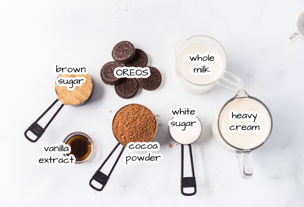 Chocolate cookies and cream ice cream made with a rich cocoa base and loaded with Oreo cookies. Creamy, indulgent and so good! ingredients displayed for making chocolate cookies and cream ice cream