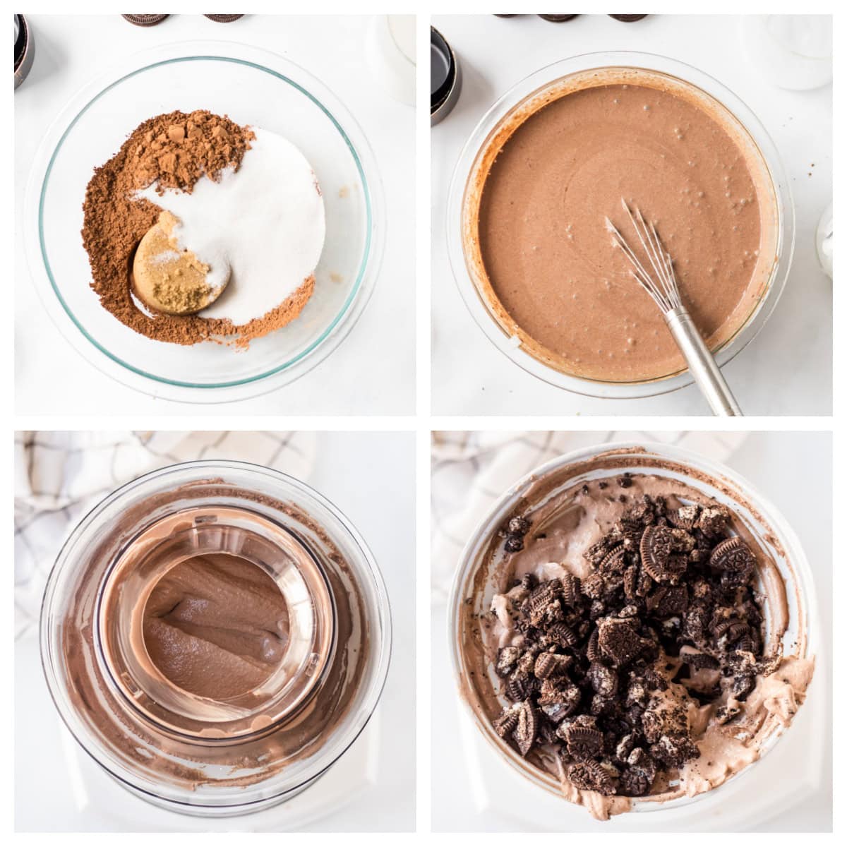 Chocolate cookies and cream ice cream made with a rich cocoa base and loaded with Oreo cookies. Creamy, indulgent and so good! four photos showing how to make chocolate cookies and cream ice cream