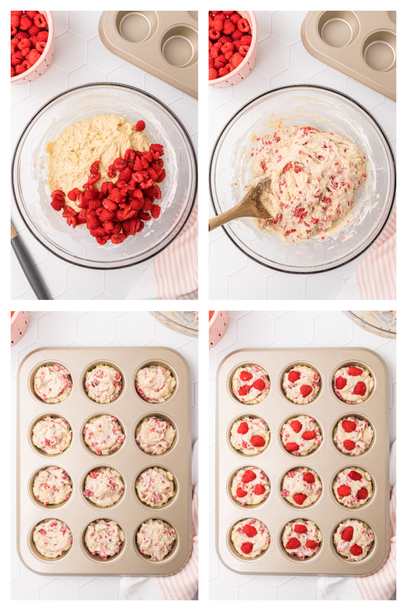 four photos showing how to make raspberry muffins