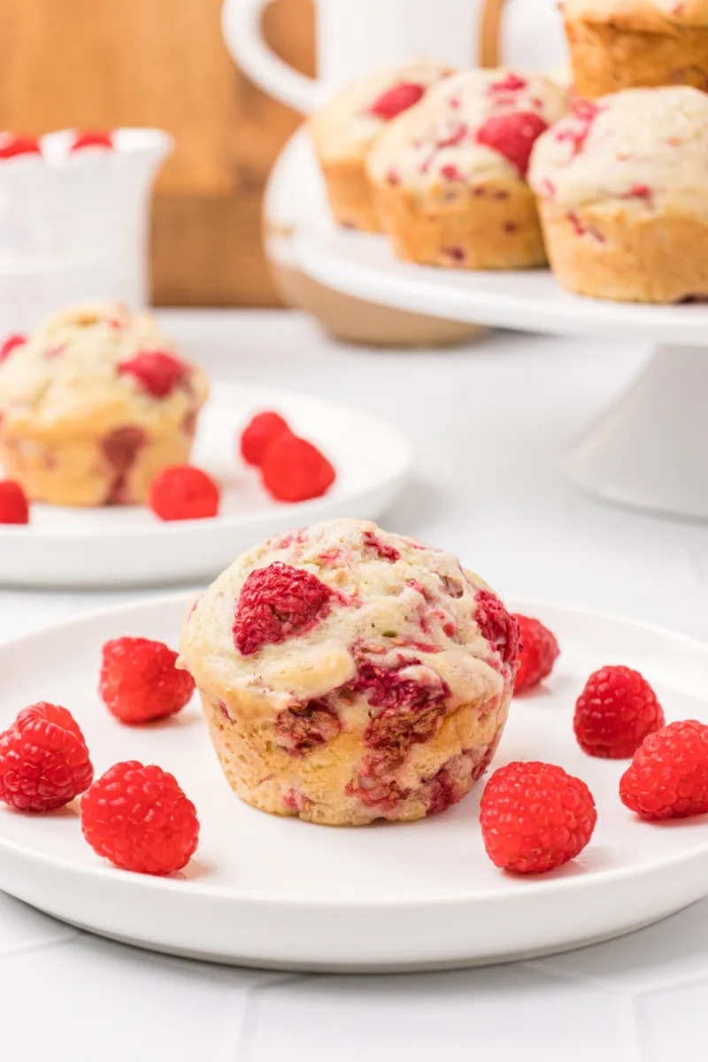 raspberry muffin on a white plate with fresh raspberries