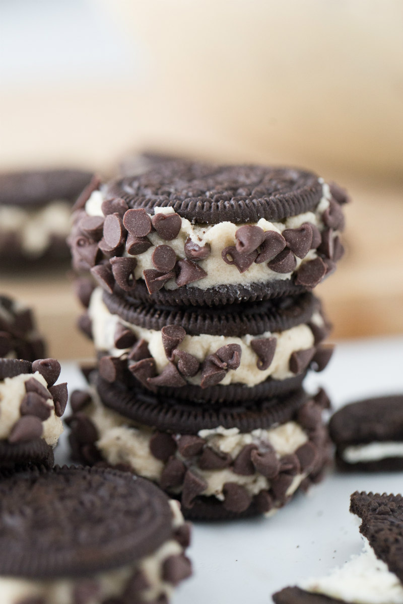 stacked chocolate chip cookie dough stuffed oreos