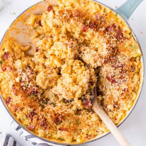 skillet macaroni and cheese with spoon