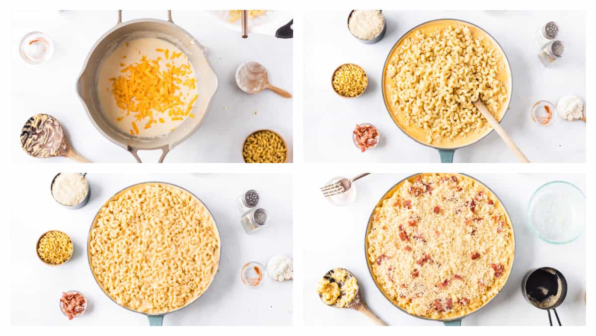 Recipe for Skillet Macaroni and Cheese is super cheesy, topped with bread crumbs, bacon and more cheese and baked until bubbly. four photos showing how to make skillet macaroni and cheese
