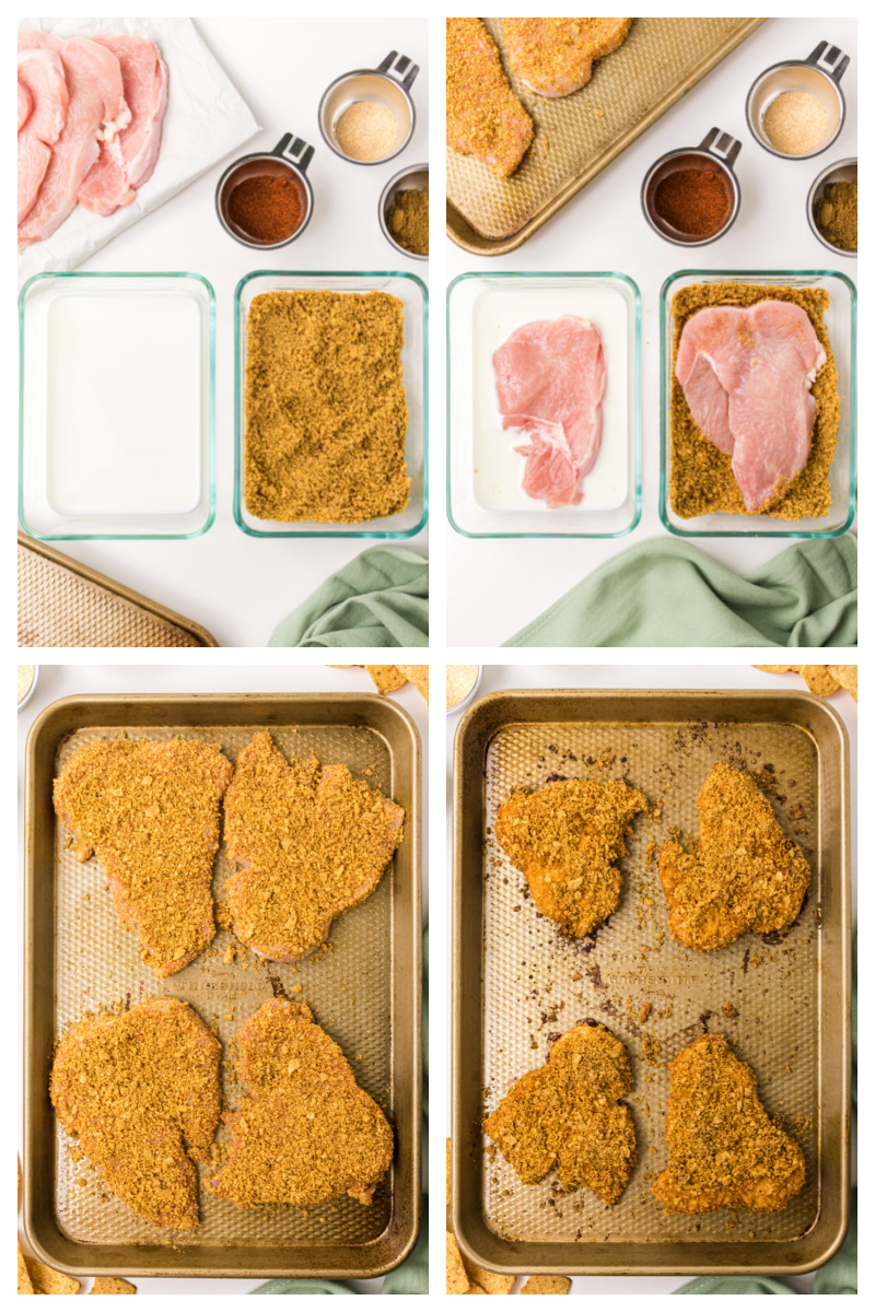 four photos showing how to make tortilla turkey cutlets