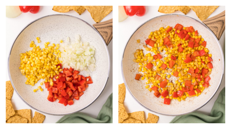 two photos showing making corn and pepper salsa