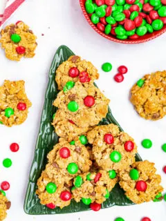 Christmas Monster Cookies on a green tree platter