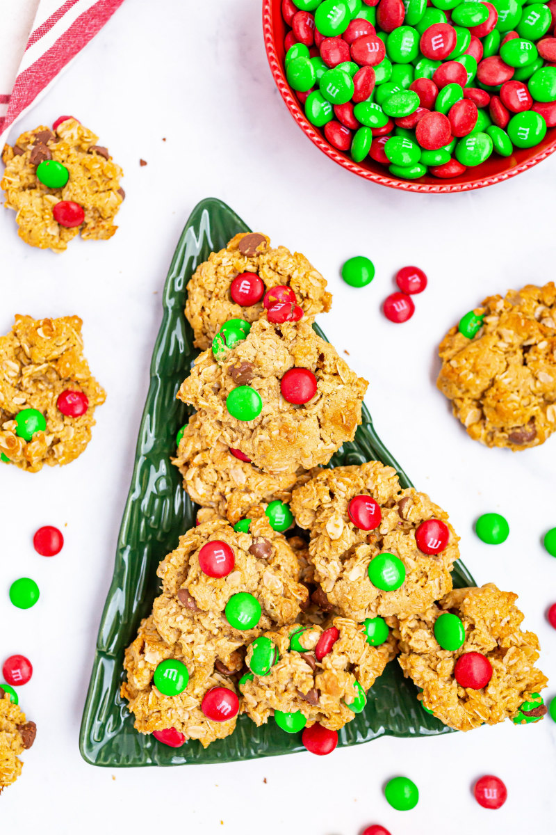 Christmas Monster Cookies on a green tree platter