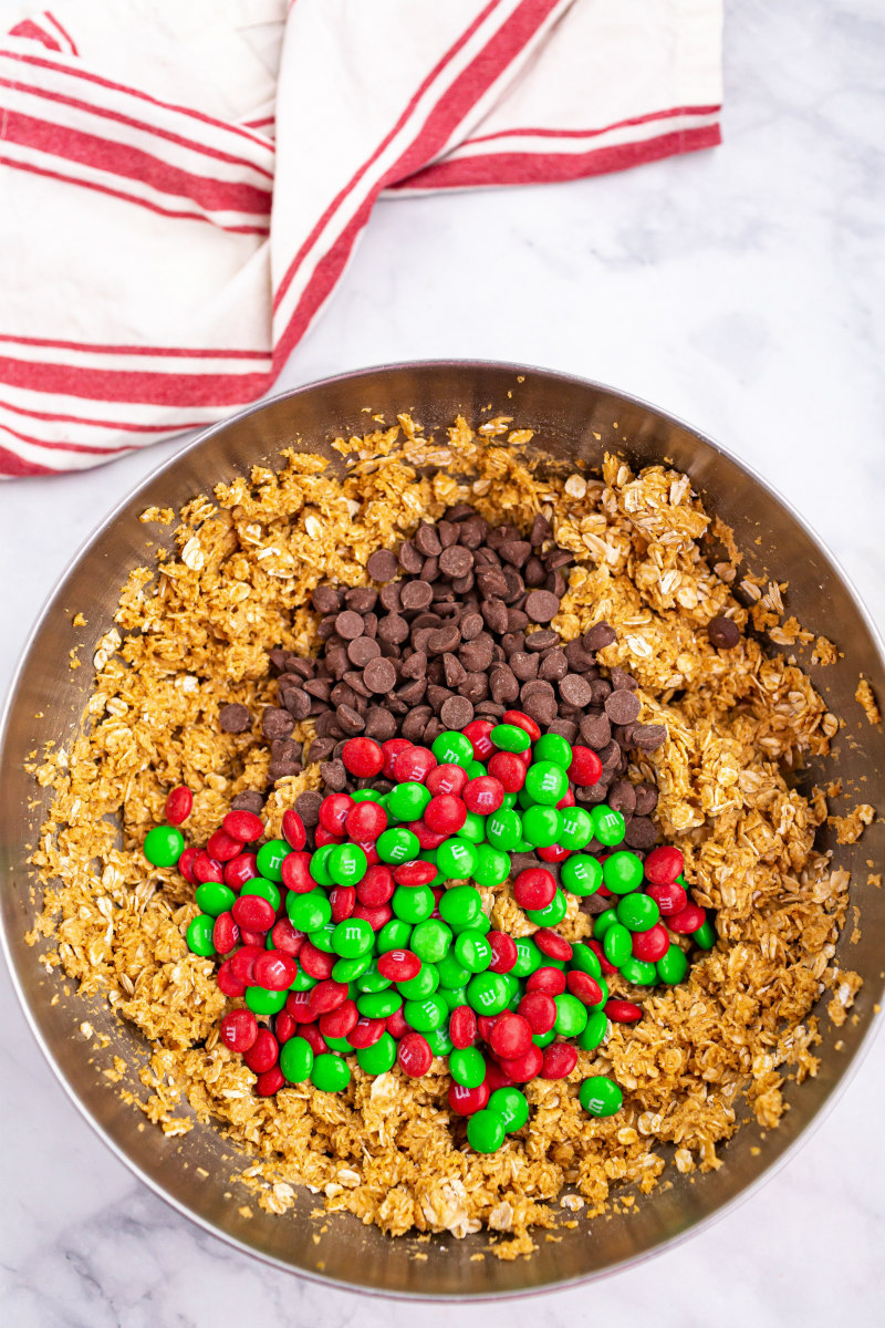 ingredient in a bowl for Christmas Monster Cookies