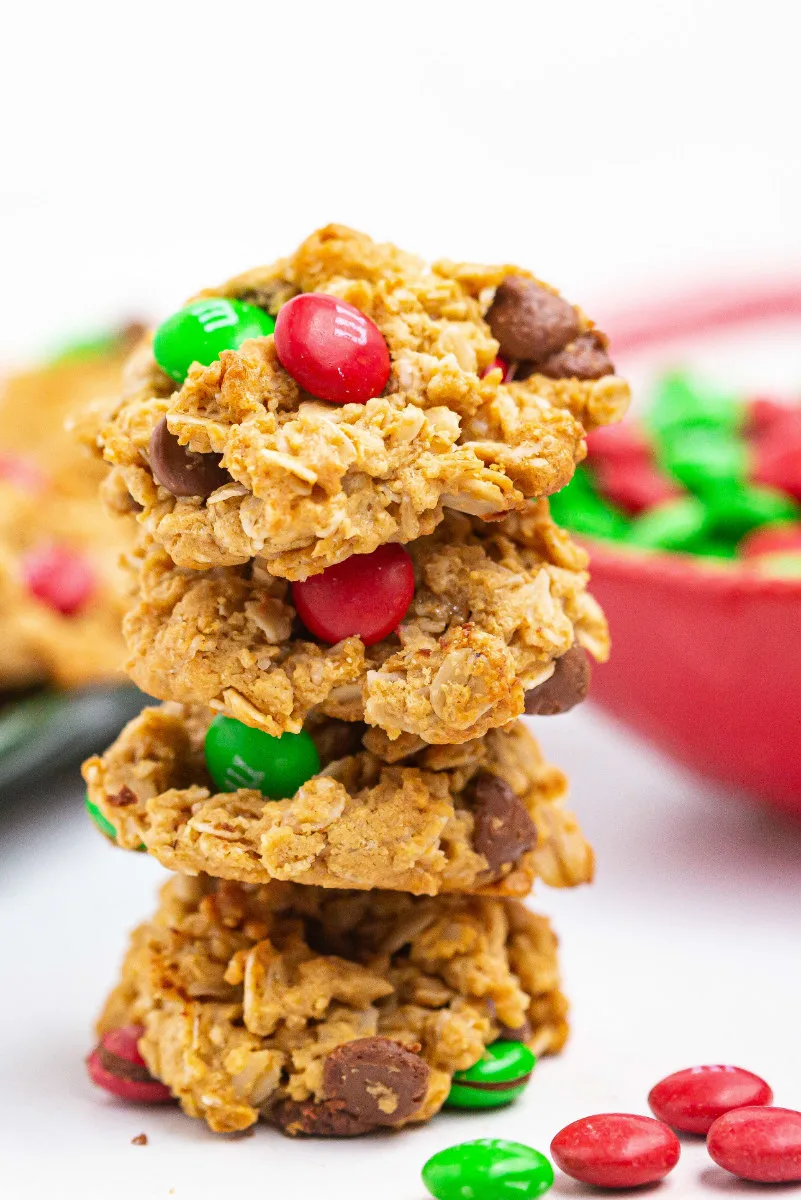 christmas monster cookies in a stack