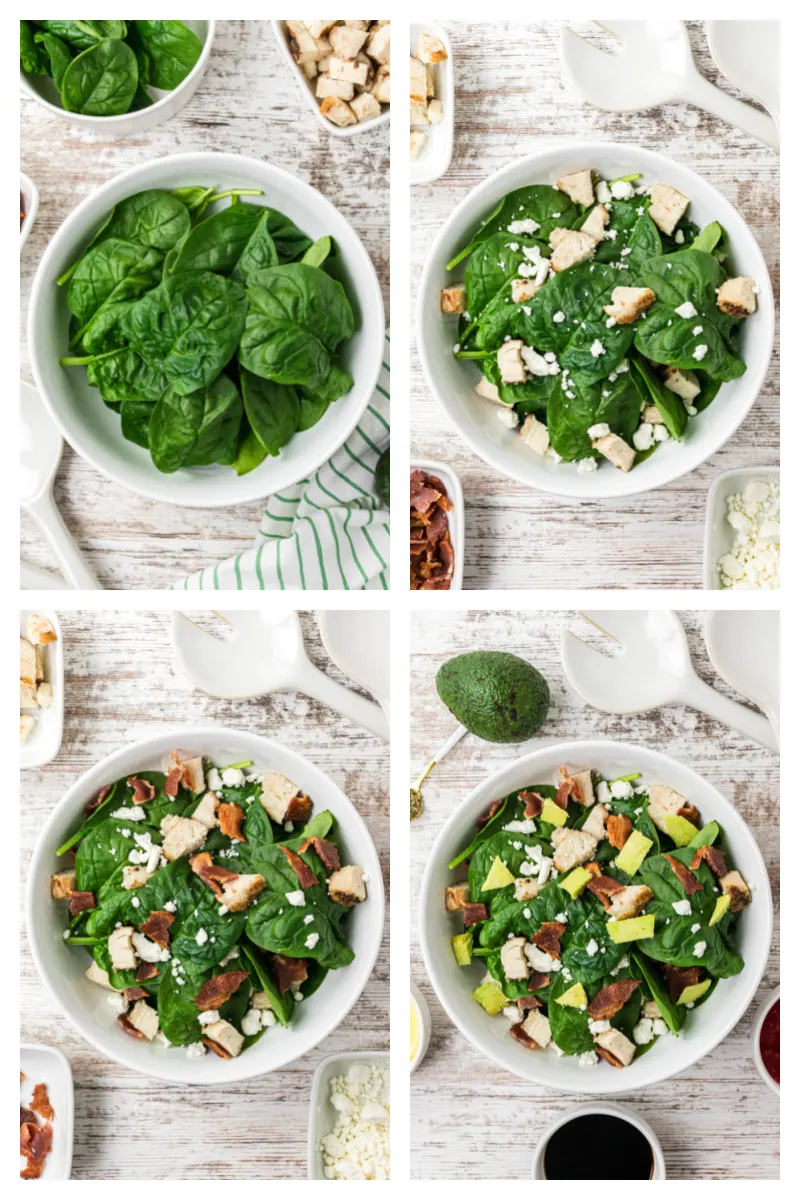 four photos showing how to make the best spinach salad