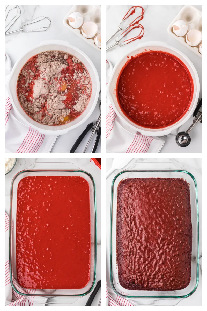 four photos showing process of making red velvet cake in 9x13 pan