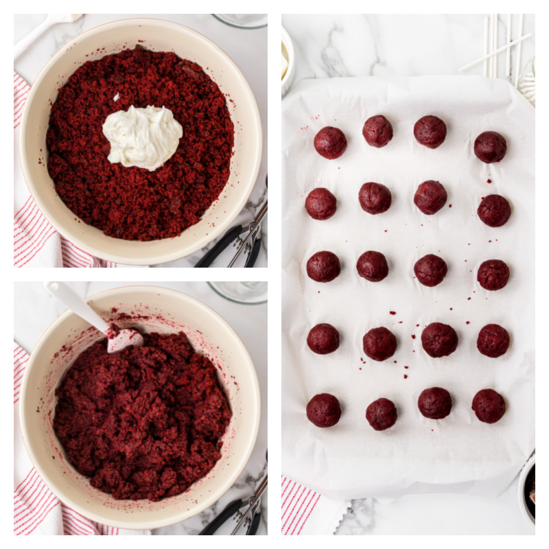 three photos showing process of mixing cake for cake balls