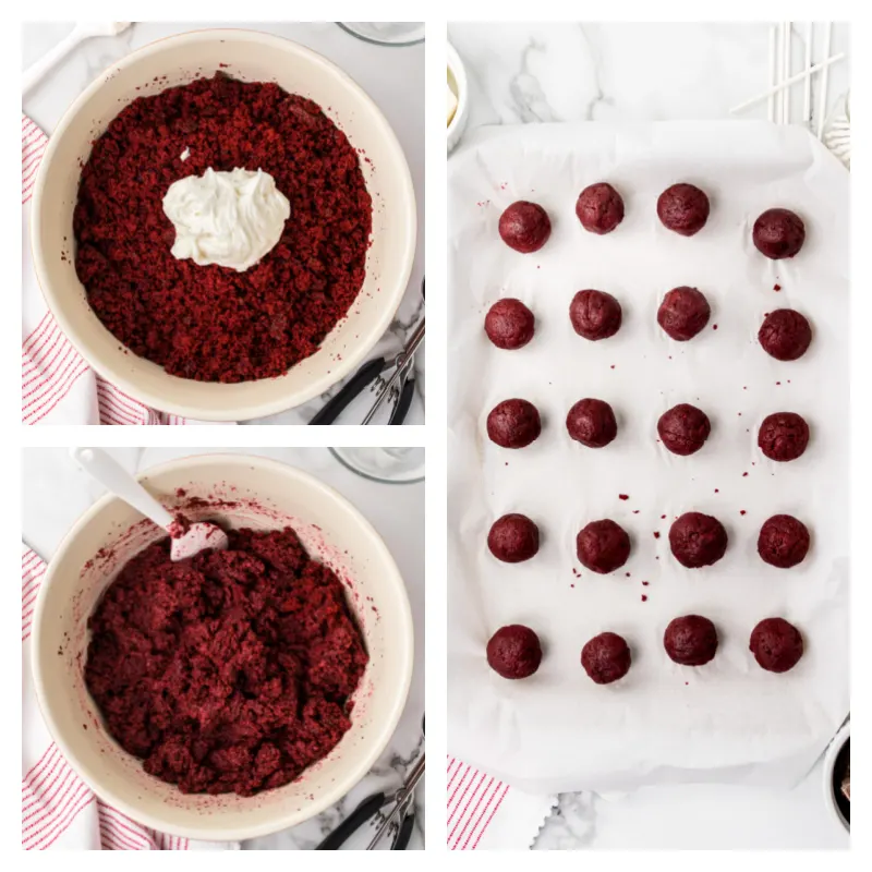 three photos showing process of mixing cake for cake balls