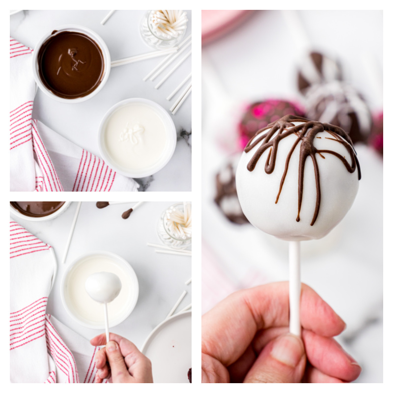 three photos showing process of dipping cake pops