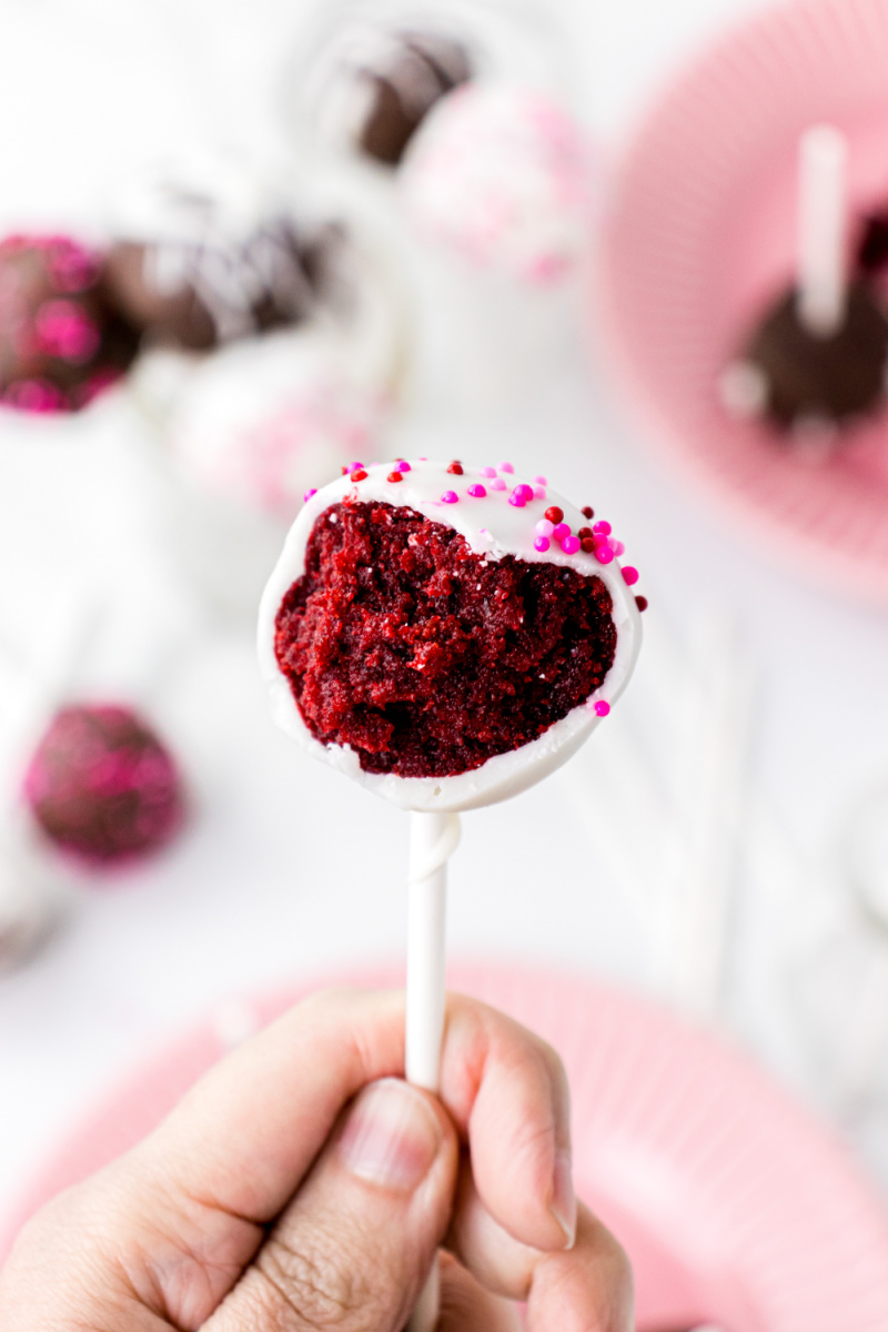 bite out of a red velvet cake pop