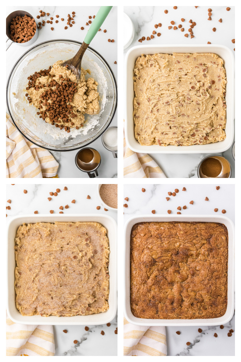 four photos showing how to make snickerdoodle blondies