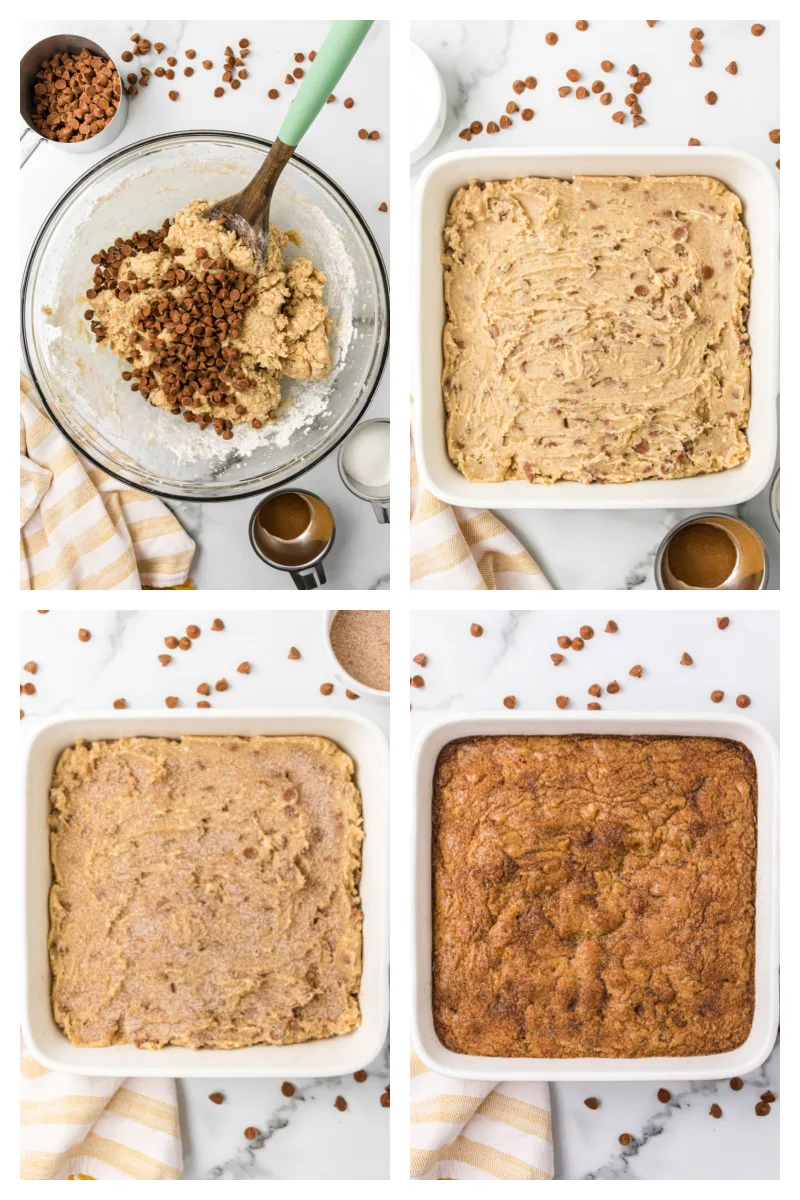 four photos showing how to make snickerdoodle blondies
