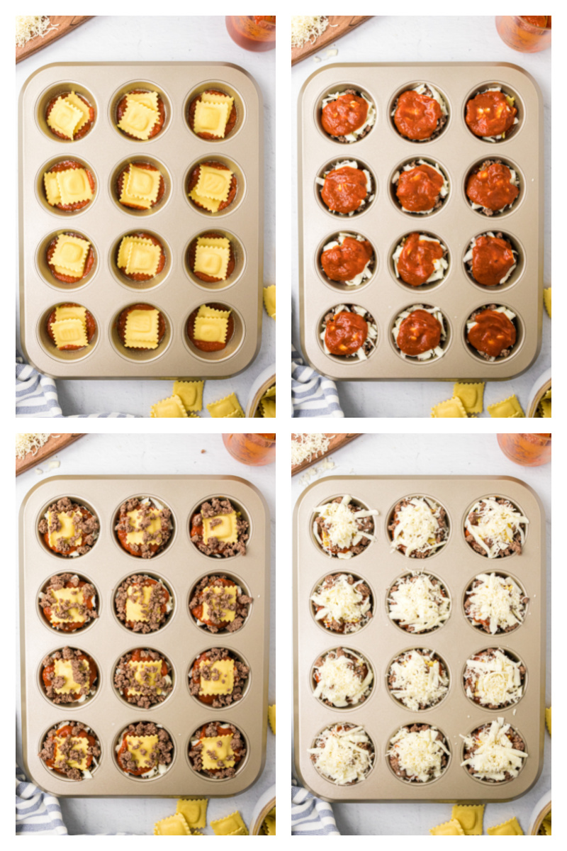 four photos showing assembly of ravioli cupcakes