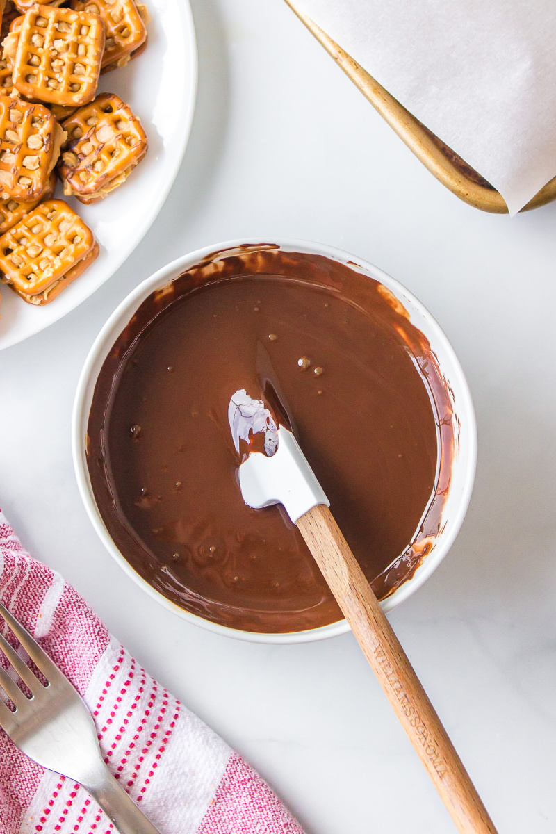 bowl of melted chocolate with rubber spatula