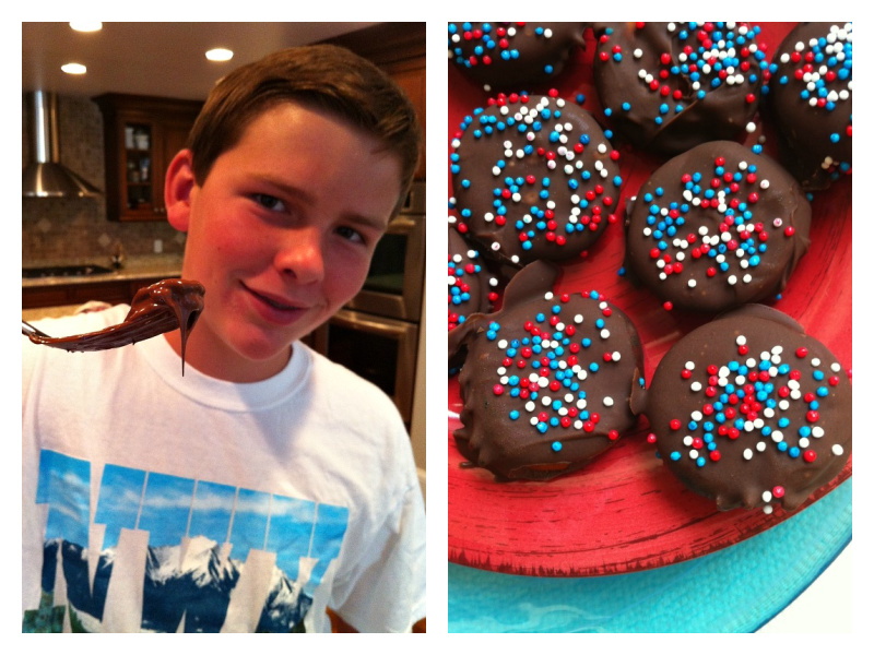 two photos one showing recipeboy with a spoon and chocolate dripping and one with peanut butter pretzels dipped in chocolate