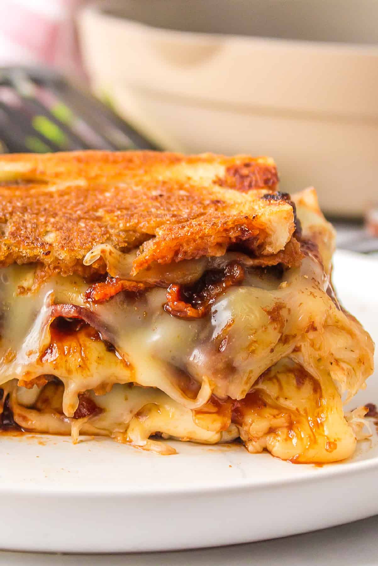 close up look at barbecue bacon grilled cheese