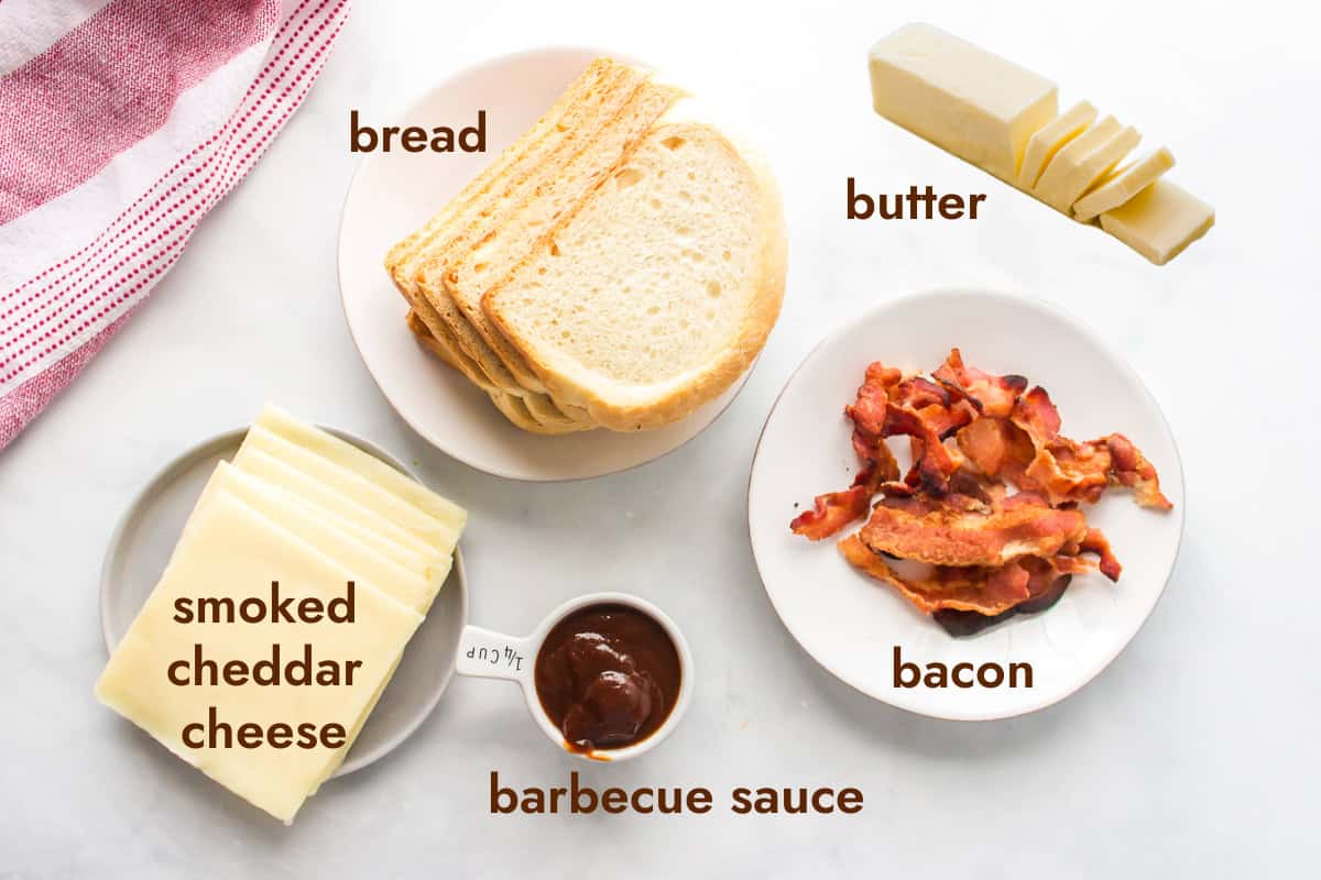 Barbecue Bacon Grilled Cheese Sandwich recipe from RecipeBoy.com : barbecue grilled cheese : bacon grilled cheese : BBQ Grilled Cheese ingredients displayed for making barbecue bacon grilled cheese sandwich