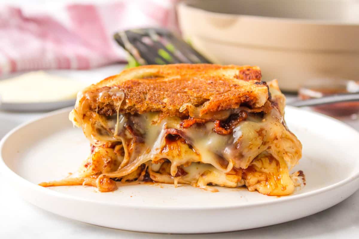 Barbecue Bacon Grilled Cheese Sandwich recipe from RecipeBoy.com : barbecue grilled cheese : bacon grilled cheese : BBQ Grilled Cheese barbecue bacon grilled cheese on plate