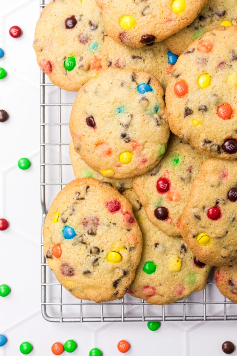 Mini Chocolate Chip M&M Cookies on a cooling rack