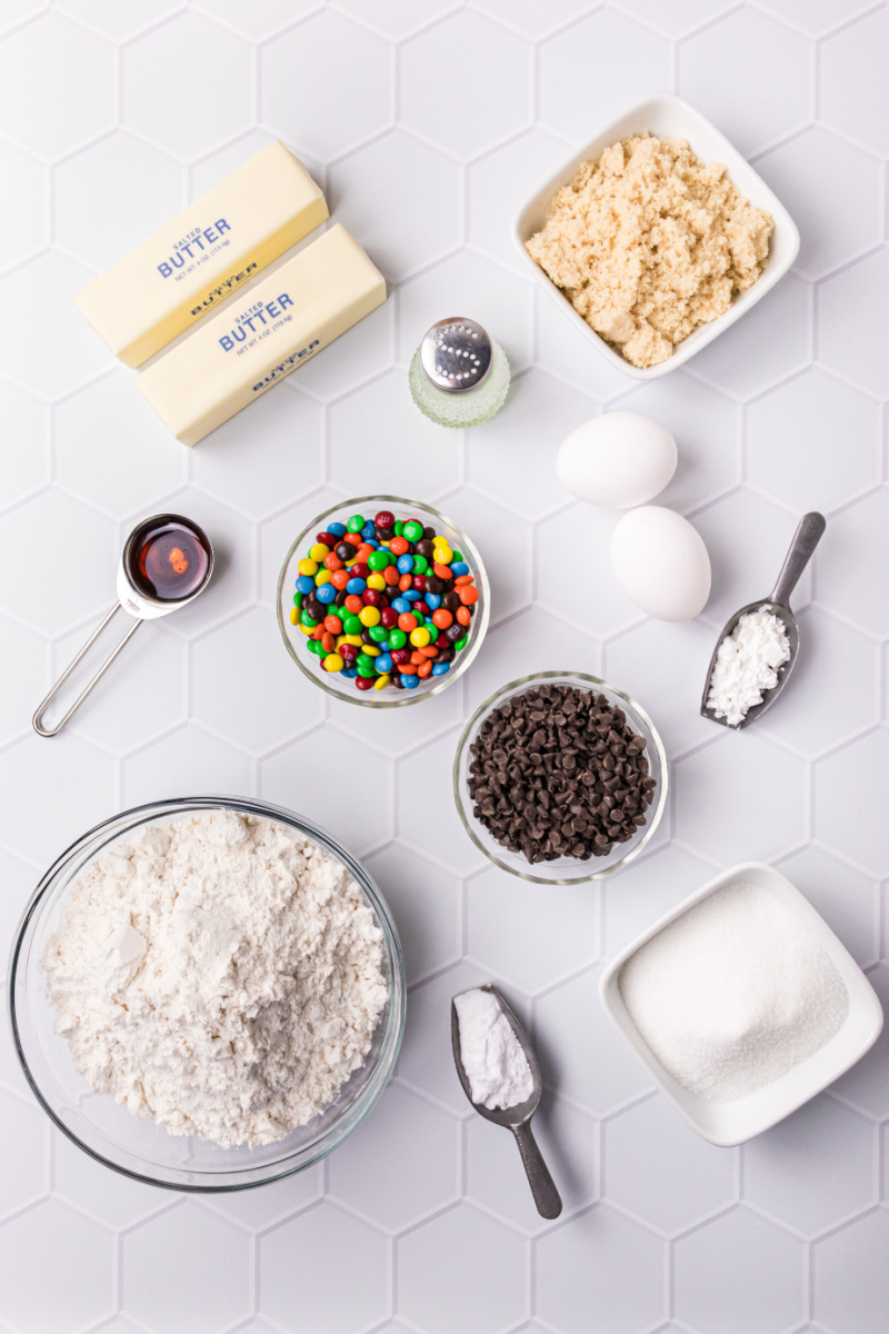 ingredients displayed for making Mini Chocolate M&M Cookies