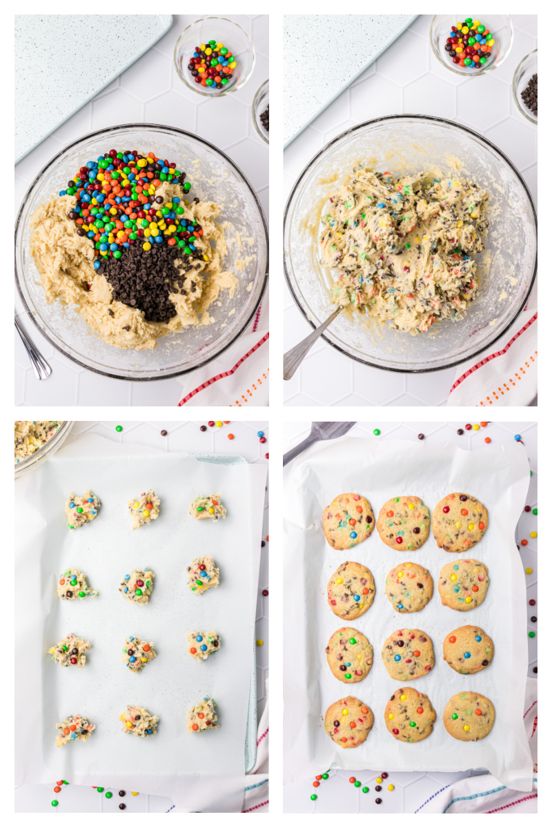 four photos showing how to make mini chocolate M&M Cookies