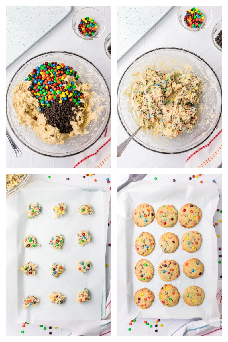 four photos showing how to make mini chocolate M&M Cookies