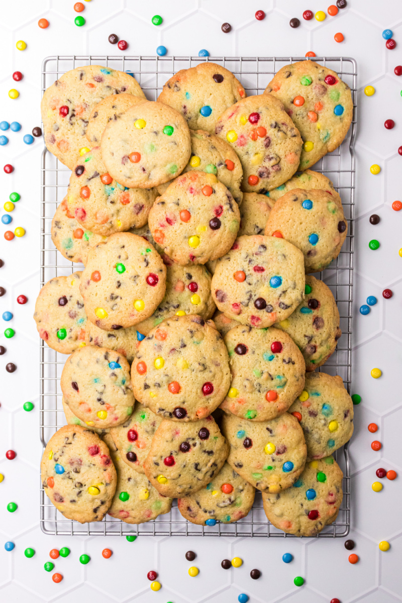 Mini chocolate Chip M&M Cookies on a cooling rack