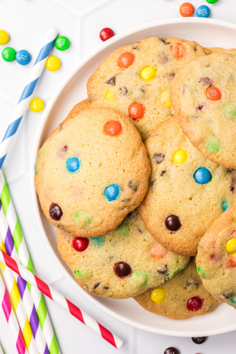 Mini chocolate chip M&M Cookies on a plate