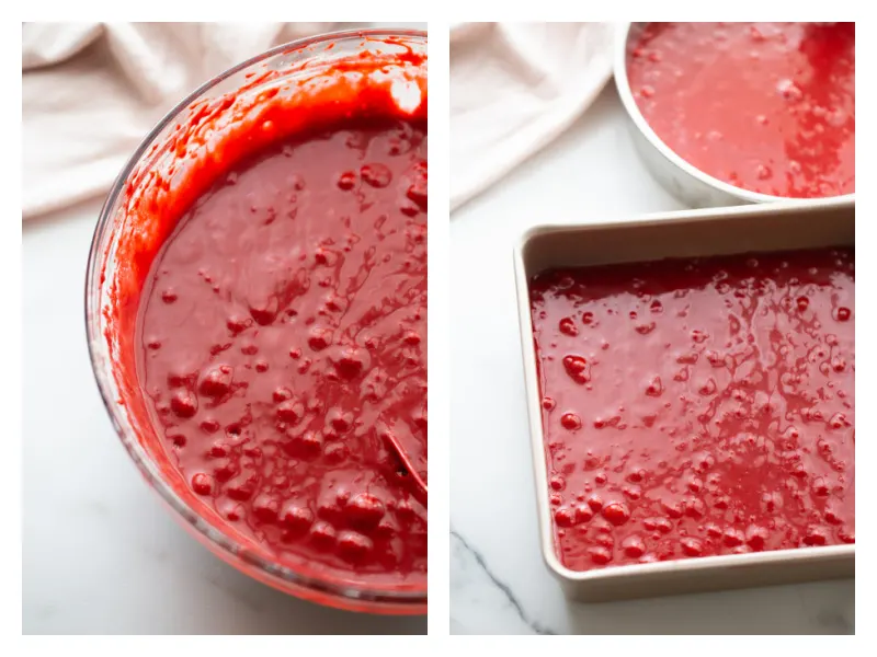 red velvet cake batter in bowl and then in pans