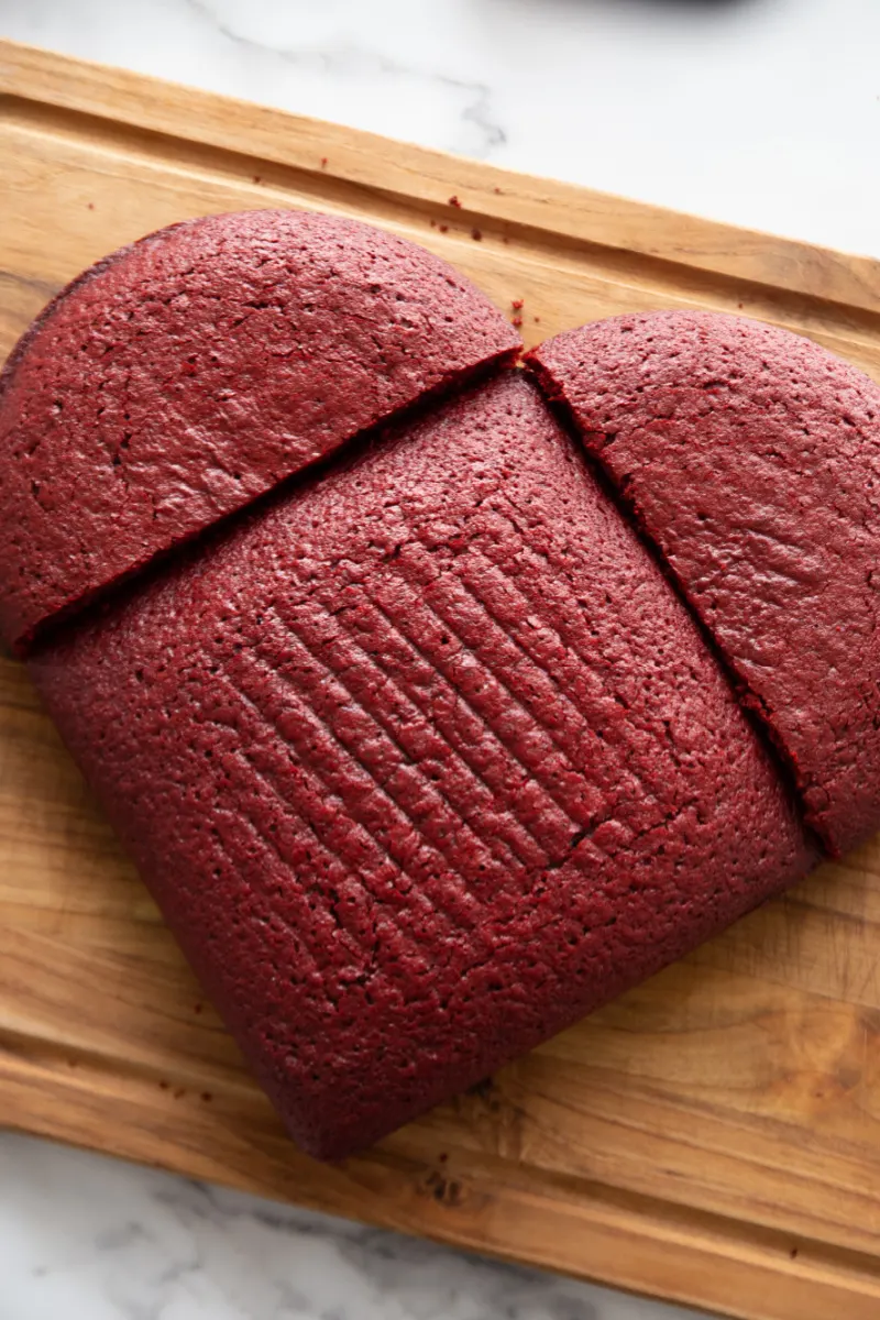 red velvet cake pieces put together to make a heart