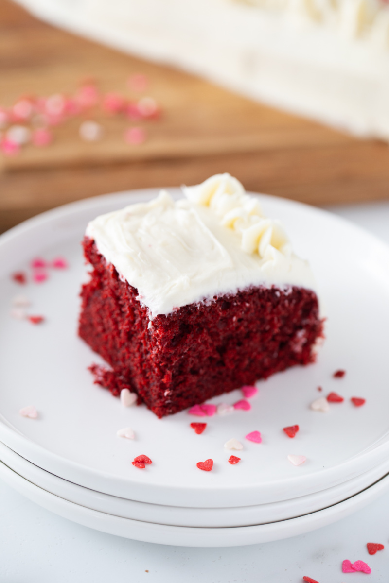 slice of red velvet cake on a white plate