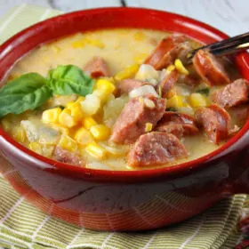 bowl of sausage and corn chowder