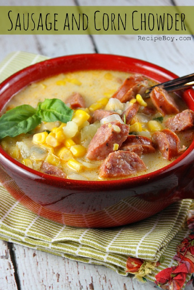 bowl of sausage and corn chowder