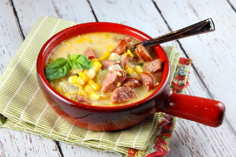 bowl of sausage and corn chowder