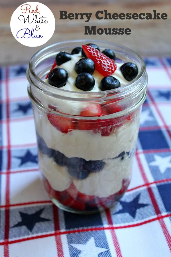 Red White and Blue Berry Cheesecake Mousse in a jar