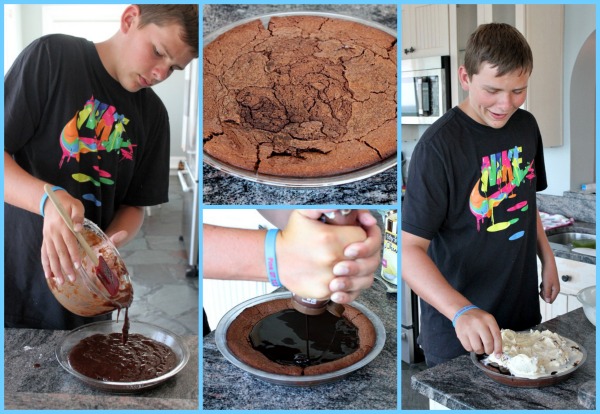 Process photos showing how to make Snickers Ice Cream Brownie Pie