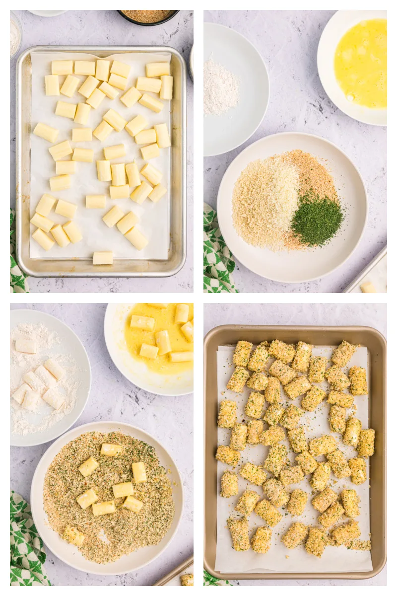 four photos showing how to make baked mozzarella bites