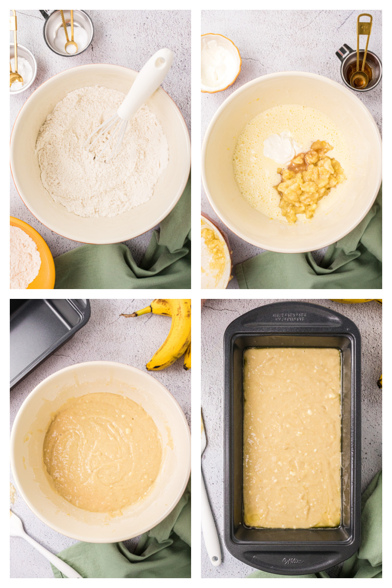 four photos showing how to make batter for gluten free banana bread