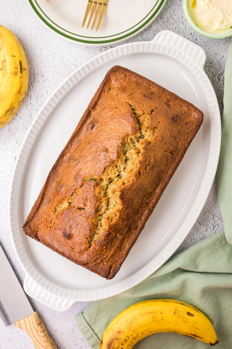 banana bread loaf on platter