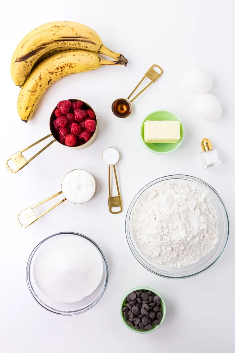 ingredients displayed for making raspberry dark chocolate banana bread muffins
