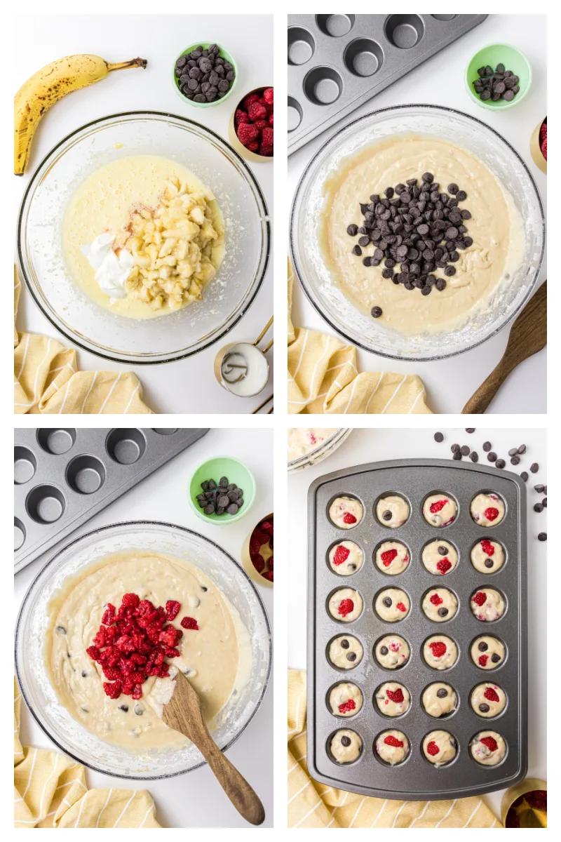 four photos showing how to make batter for raspberry dark chocolate banana bread muffins